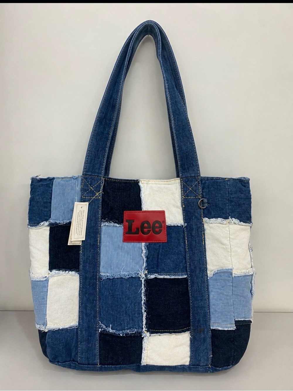 Lee Patchwork Denim Tote in Blue, Light Blue & White with Red Logo